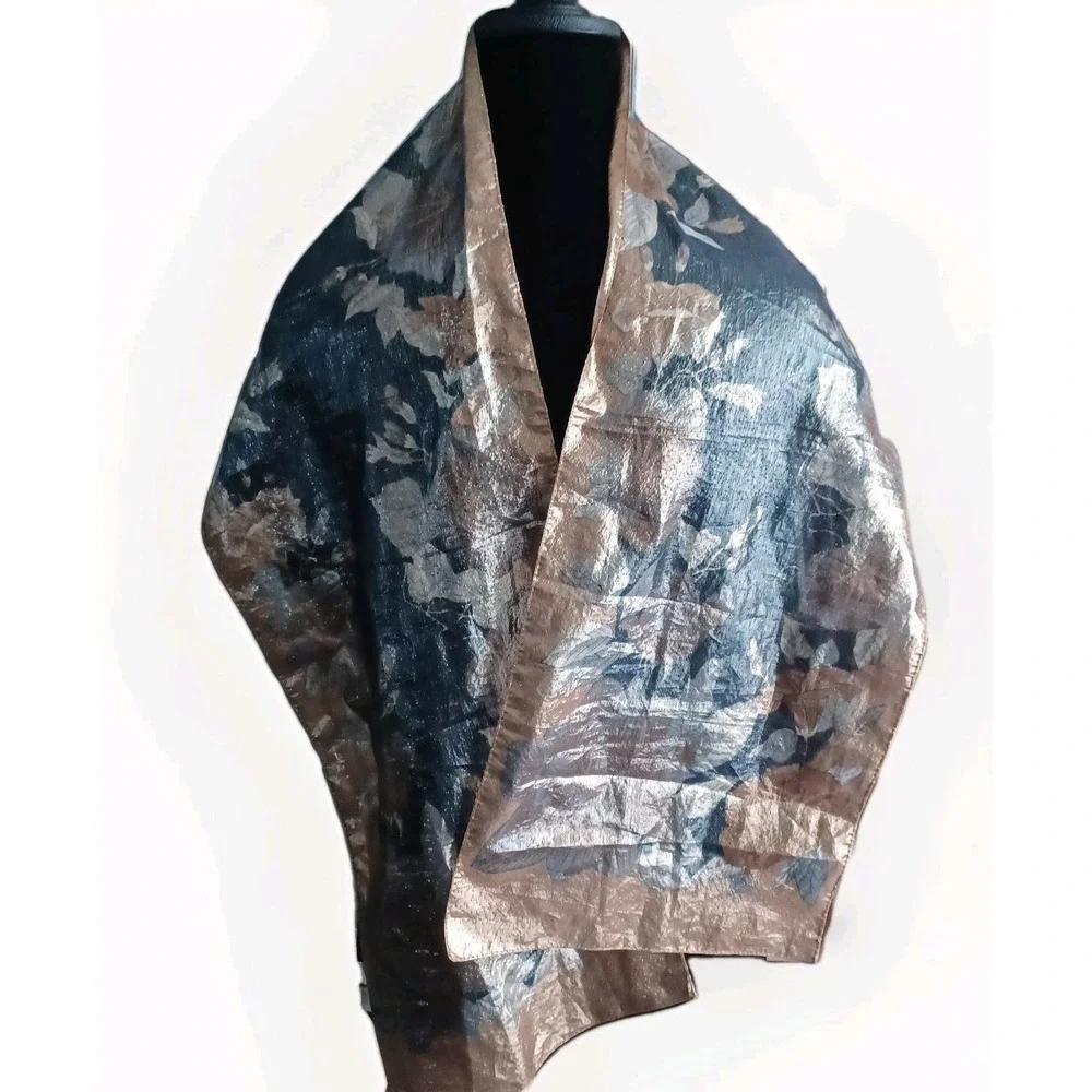 Webb‎ & Co Italy Women Metallic Floral Scarf Bronze Silver Blue Evening Wrap 53